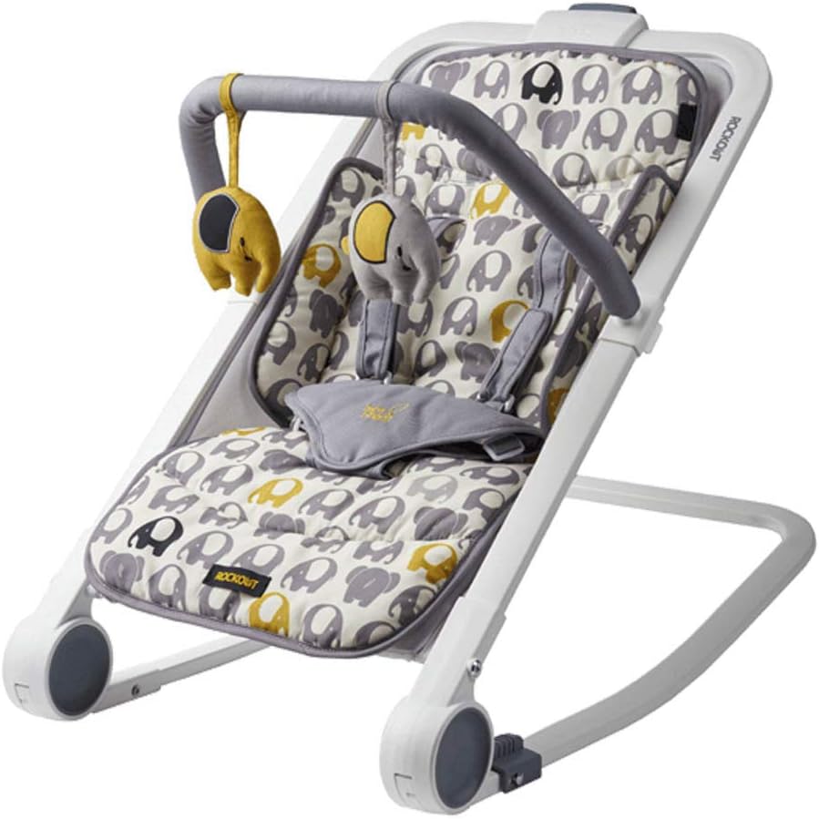 BABABING | Rockout 2 Baby Rocker | 3 Position Reclining Baby Bouncer with Ellie Elephant Print | Portable Baby Rocker Cushion Seat with Exclusive Soft Toys