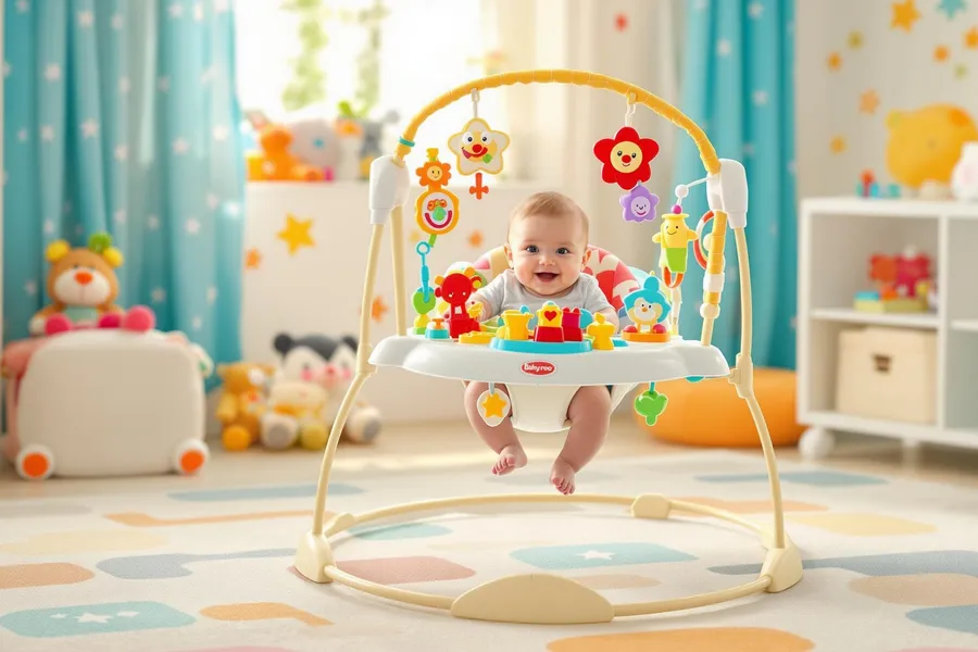 baby jumperoo with smiling baby