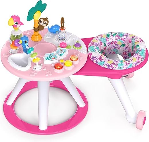 Bright Starts, Around We Go 2-in-1 Walk-Around Activity Center and Table - Tropic Coral, Walker with Music, Lights and Interactive Toys, Removable Seat, Ages 6 Months +, Pink