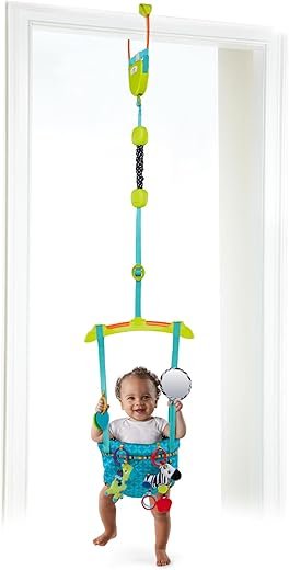 Bright Starts Door Jumper with Padded Seat, Door Clamp, Adjustable Strap, 4 Take Along Toys, Ages 6 Months +, Bounce and Spring Deluxe, 1 Count, Pack of 1