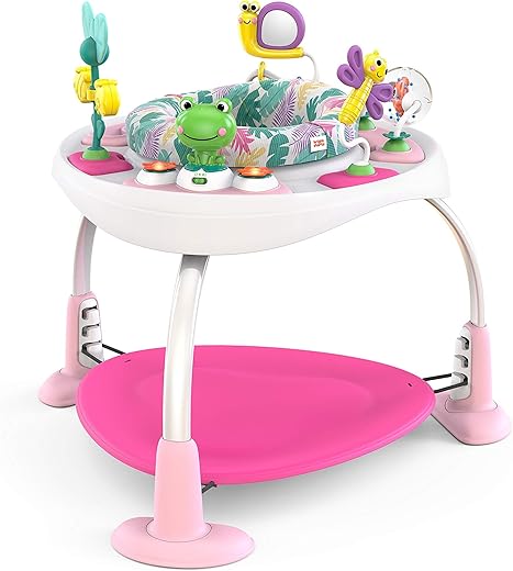 Bright Starts, Bounce Bounce Baby 2-in-1 Activity Center Jumper and Table - Playful Palms with 7 Interactive Toys, Adjustable Height, Storage Bag, 360° Rotation, Ages 6 Months +, Pink