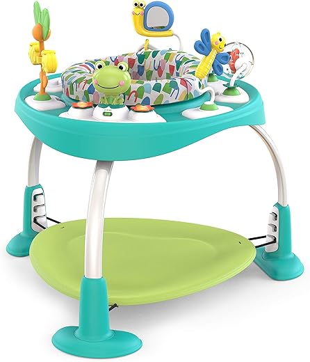 Bright Starts, Bounce Bounce Baby 2-in-1 Activity Seat Jumper and Standing Play Table - Playful Pond with 7 Interactive Toys, Adjustable Height, Storage Bag, 360° Rotation, Ages 6 Months +, Green