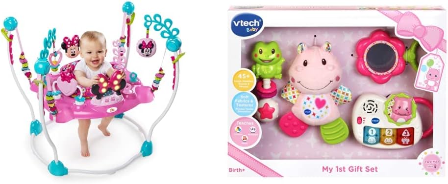 Bright Starts, Disney Baby, Minnie Mouse Peekaboo Baby Activity Jumper & Bouncer, Interactive Play Centre & VTech My First Gift Set New Baby Gifts | Newborn Baby Toys Including Hippo Animal Plush