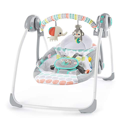 Bright Starts, Whimsical Wild Portable Compact Automatic Baby Swing with Music and Taggies, Removable Toy Bar with 2 Toys, Reclinable, 5 Point Harness, Newborn and up