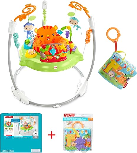 Fisher-Price - Bundle Pack- Jumperoo Baby Bouncer and Activity Center (CHM91) + Activity book (FGJ40). Activity Center with Lights Sounds and Music, Roarin’ Rainforest. Book attaches to stroller.