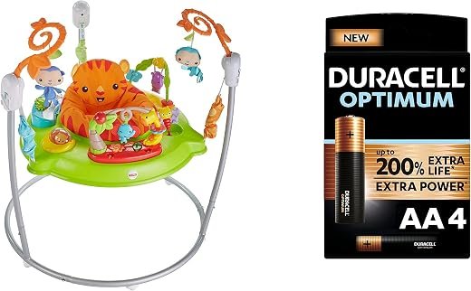 Fisher-Price CHM91 Roaring Rainforest Jumperoo, New-Born Baby Activity Centre with Music and Lights, Duracell Optimum AA Alkaline Batteries [Pack of 4] 1.5 V LR6 MN1500
