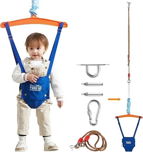 FUNLIO Baby Jumper with a Ceiling Hook for 6-24 Months, Baby Door Jumper for Indoor/Outdoor Play, Infant Jumper Doorway with Adjustable Chain, Easy to Assemble & Store (with a Ceiling Hook)