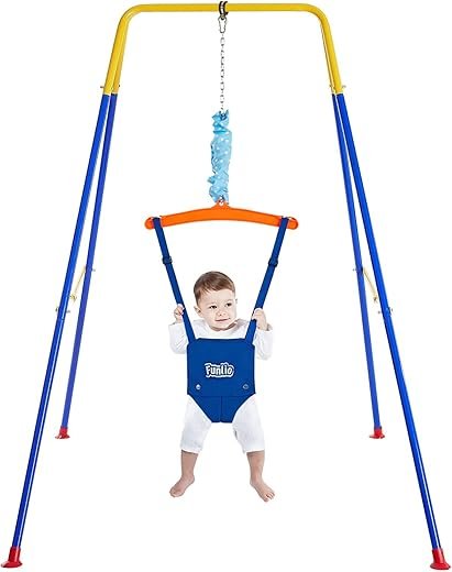 FUNLIO Baby Jumper with Stand for 6-24 Months, Infant Jumper for Indoor/Outdoor Play, Toddler Jumper for Baby Girl/Boy, with Adjustable Chain, Easy to Assemble & Store (with Stand)