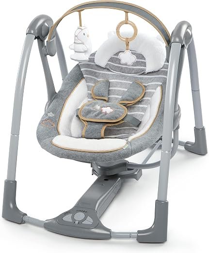 Ingenuity Swing 'n Go Deluxe 5-Speed Baby Swing with Cushioned Harness - Foldable, Portable, 2 Plush Toys & Sounds, 0-9 Months 6-20 lbs (Bella Teddy)