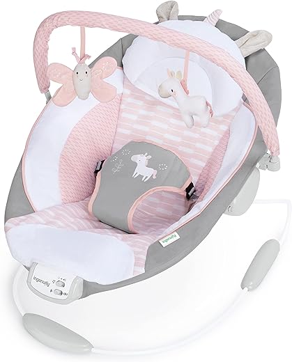 Ingenuity, Cradling Baby Bouncer Seat Flora the Unicorn, Ultra-Plush Padded Chair with Vibration and Melodies, Removable Toy Bar, Ages Newborn +, Grey / Pink