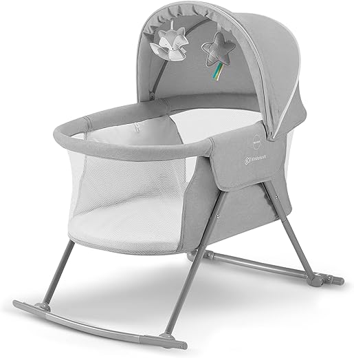 Kinderkraft Baby Crib 3 in 1 LOVI, Cradle, Travel Cot, Rocker, Easy Folding and Unfolding, Adjustable Canopy, with Accessories, Mattress Cover, Included Toys, Transport Bag, for Newborn, 0-9 kg, Gray