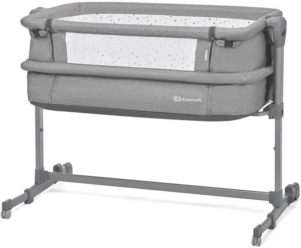 Kinderkraft Bedside Crib NESTE UP, Travel Cot, Co-Sleeping Bed, Ajustable Height, Foldable Side Wall, Transport Wheels, with Accessories, Cotton Sheet, for Newborn, 0-9 kg, up to 6 Month, Melange Gray