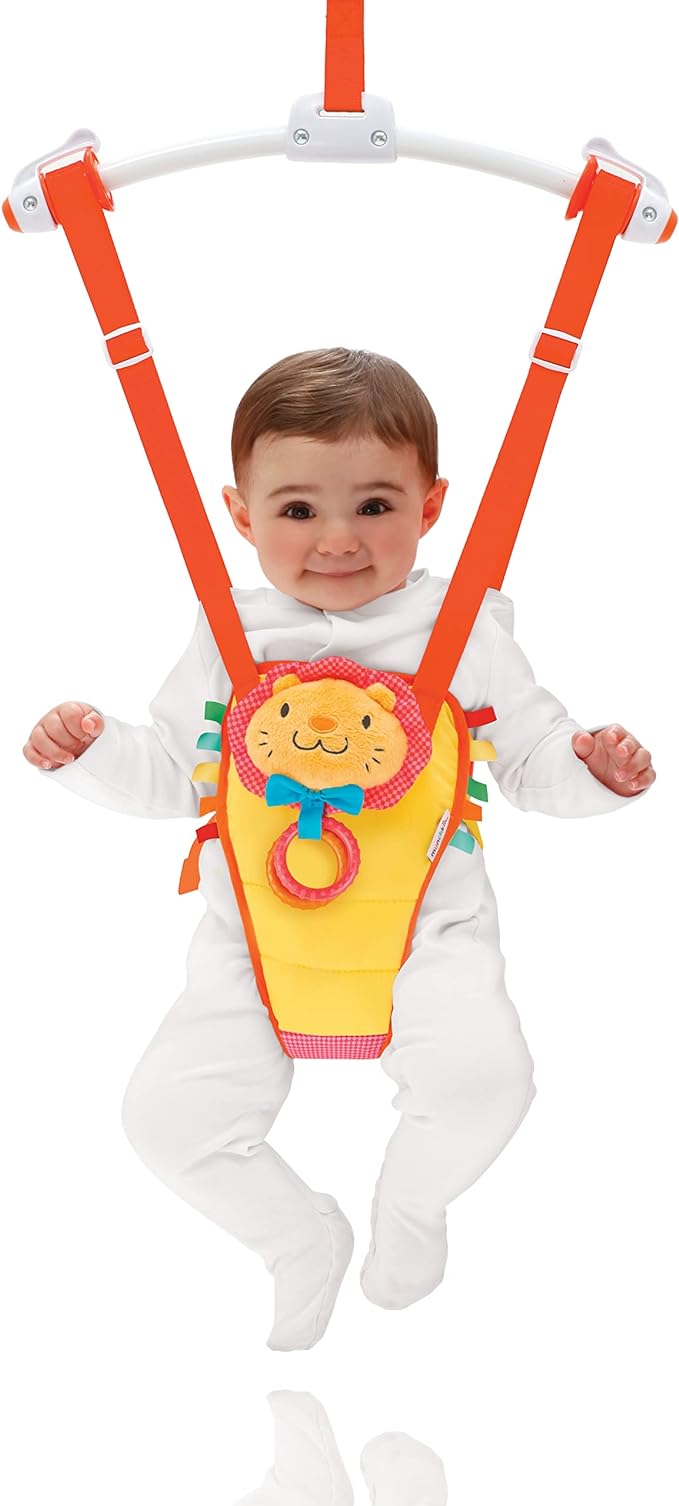 Munchkin Bounce & Play Door Frame Baby Bouncer, Adjustable Height Door Bouncer Baby Jumper, Padded Baby Stand & Jump Toy with Squeaky Nose & Baby Teether Rings, Supportive Baby Seat - Lenny the Lion