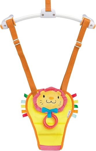 Munchkin Bounce & Play Door Frame Baby Bouncer, Adjustable Height Door Bouncer Baby Jumper, Padded Baby Stand & Jump Toy with Squeaky Nose & Baby Teether Rings, Supportive Baby Seat - Lenny the Lion