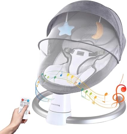 Uuoeebb Electric Baby Bouncer with Bluetooth, Baby Bouncer Chair with 5 Swing Speed, 3-Stage Timer and Remote Control, Portable Baby Swing Chair from Birth for 0 Months Plus Newborn Boys Girls (Grey)